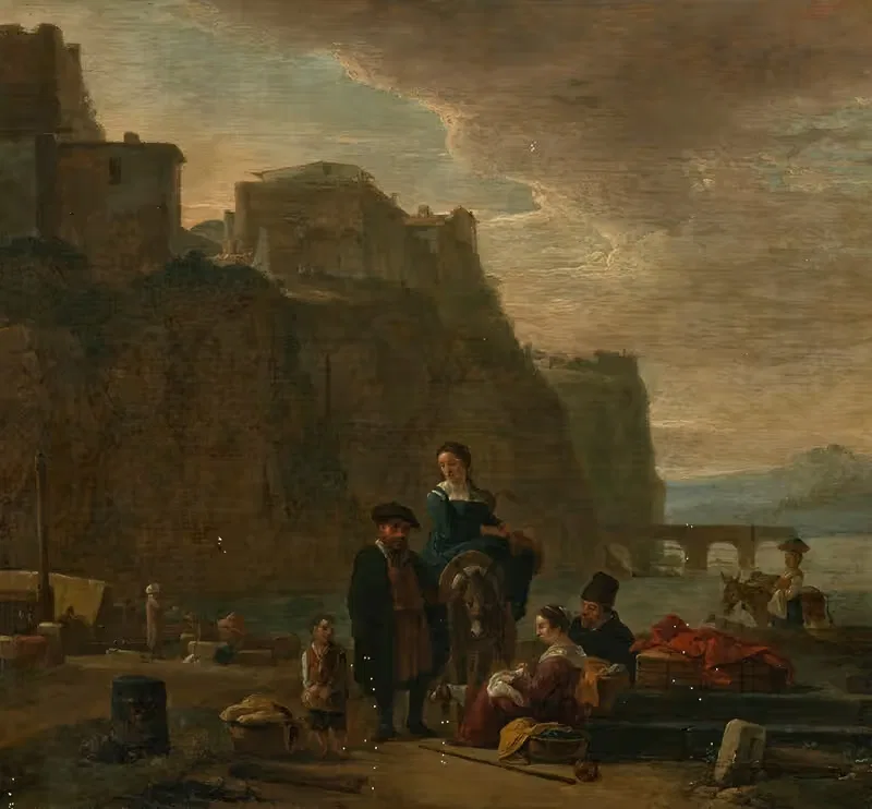 Peasants on an Italianate shoreline — Thomas Wijck