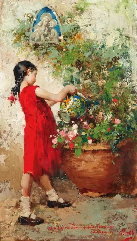 A Young Girl Watering Flowers — Vincenzo Irolli