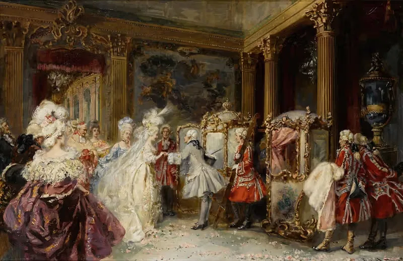 Elegant figures entering sedan chairs in an interior — Jean-Paul Sinibaldi