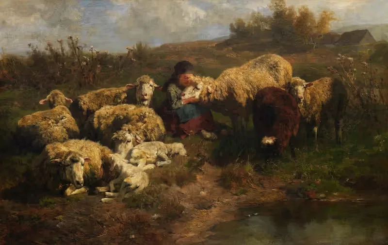 Маленькая пастушка с овцами by Антон Брайт, 1881 — digital art print download