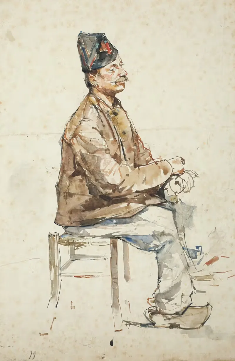 Сидящий мужчина в шляпе и деревянных башмаках by Флорис Верстер, 1879 — digital art print download