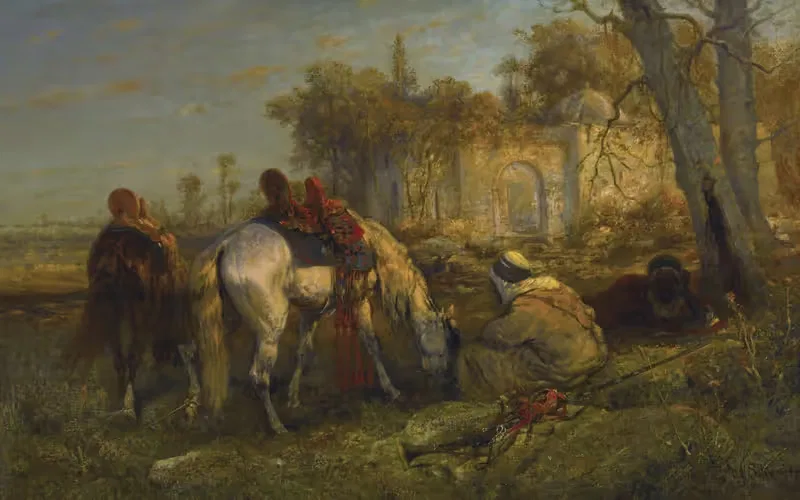 Two Reclining Arabs and Two Tethered Horses — Adolf Schreyer