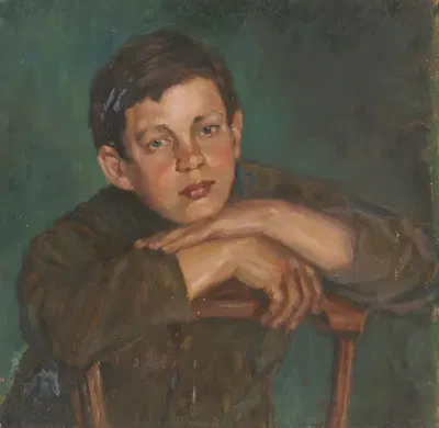 Portrait of a Boy Leaning over the Back of a Chair by Maria Marga Thomass — digital art print download