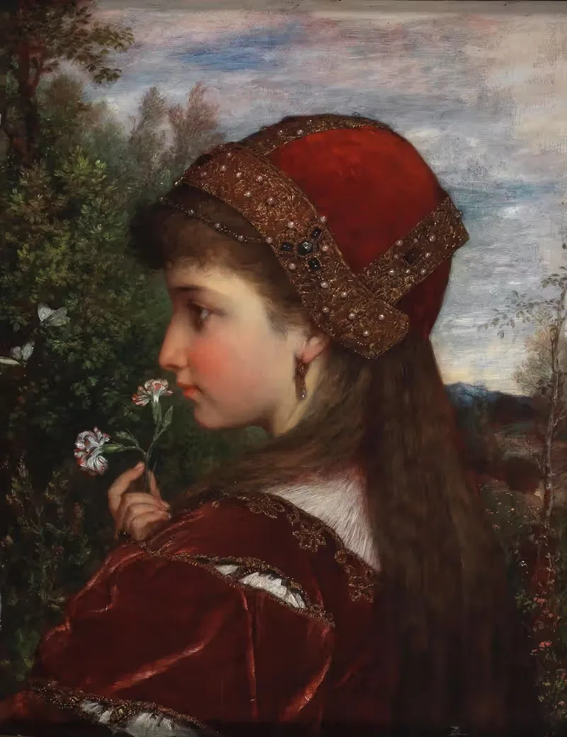 A Girl in Profile with Carnations — Anton Bertzik