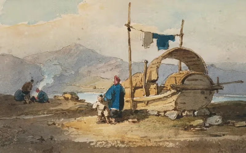 Figures by a boat dwelling on the beach, Macau — George Chinnery