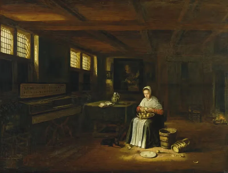 A Woman in an Interior Peeling Vegetables — Govert Dircksz Camphuysen