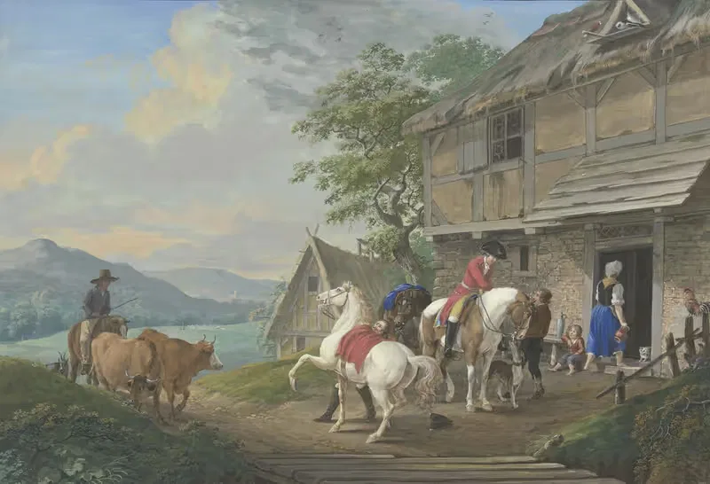 Zwei Reiter mit einem Packpferd halten vor einem Bauernhaus — Johann Georg Pforr