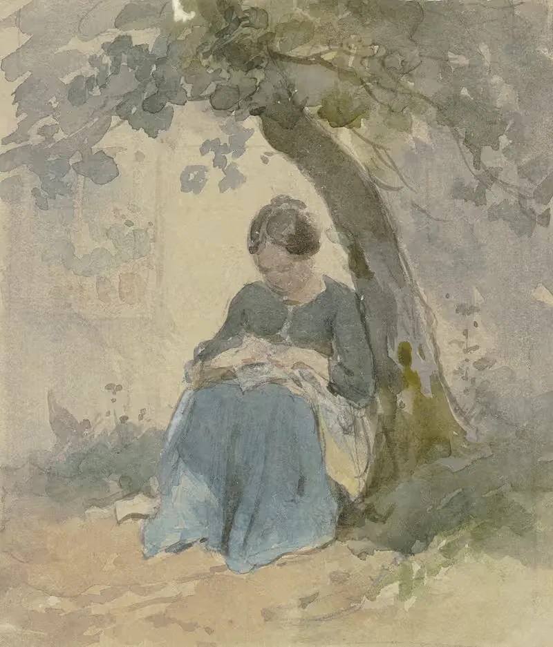 Frau mit Näharbeit unter einem Baum sitzend — Philipp Rumpf