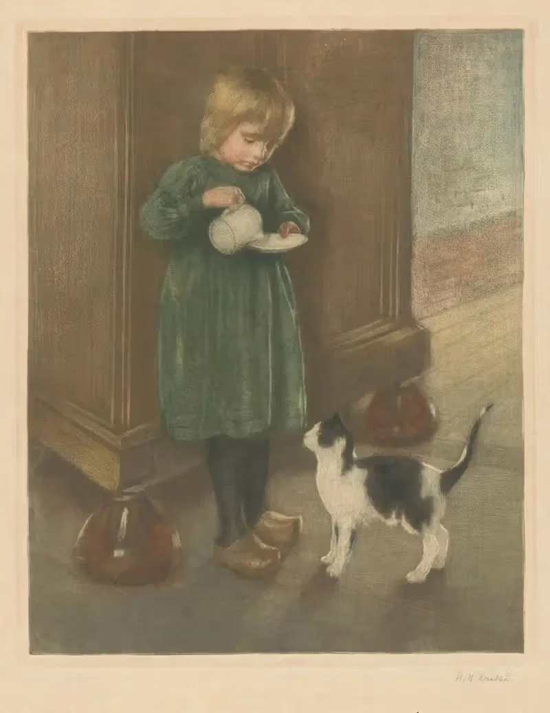 Девушка кормит кота by Генрих М. Краббе, 1878 - 1931 — digital art print download