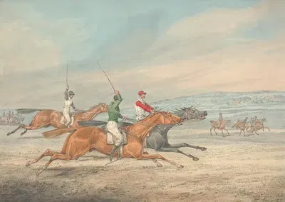 Steeplechasing; Three Riders Galloping to Right, Mounted Spectators in Background by Henry Thomas Alken — digital art print…