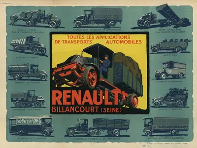 Renault Billancourt. Toutes les applications de transports automobiles by Imp. J. Minot, 1921 — digital art print download