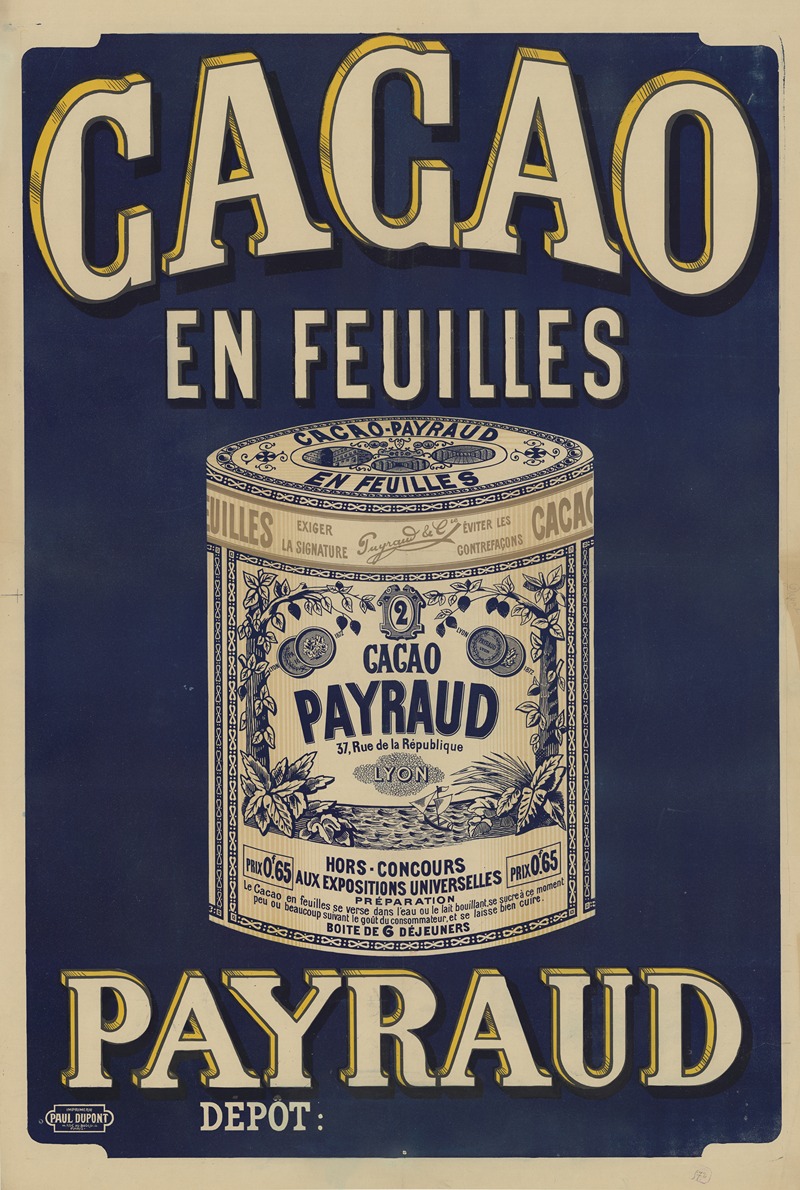 Cacao en feuilles Payraud by Имп. Поль Дюпон, 1899 — digital art print download