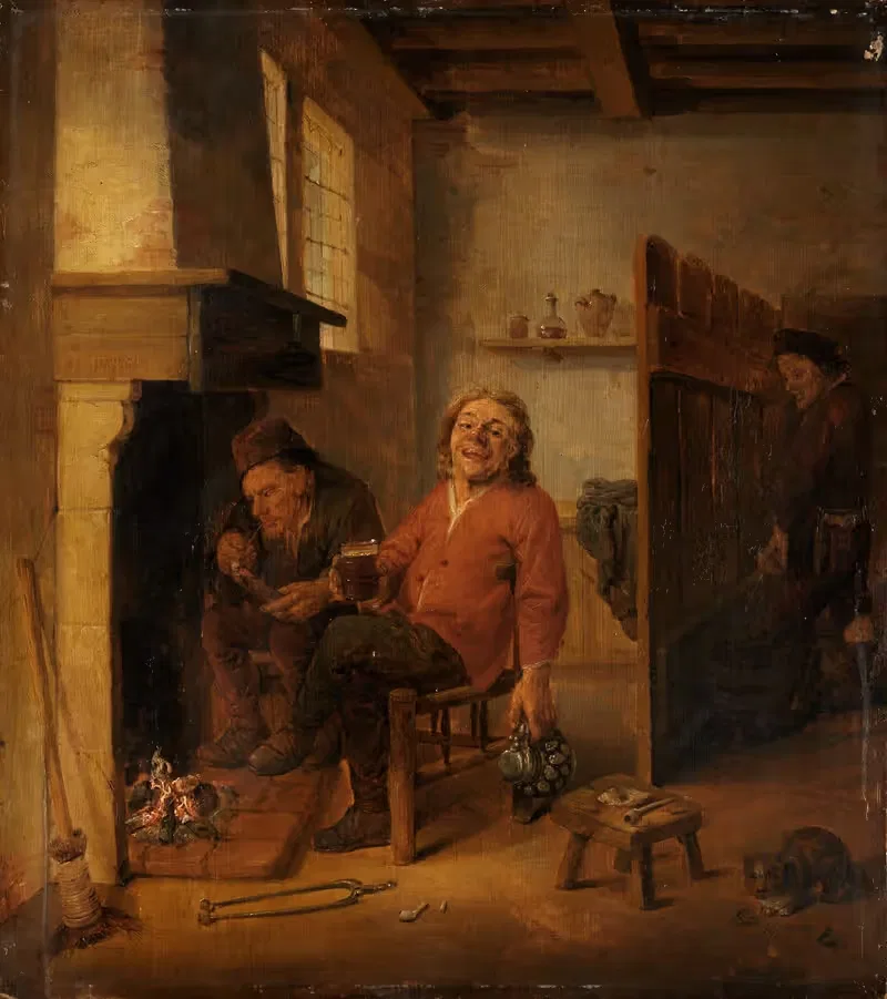 Zwei zechende Bauern am Kamin — Abraham Diepraam