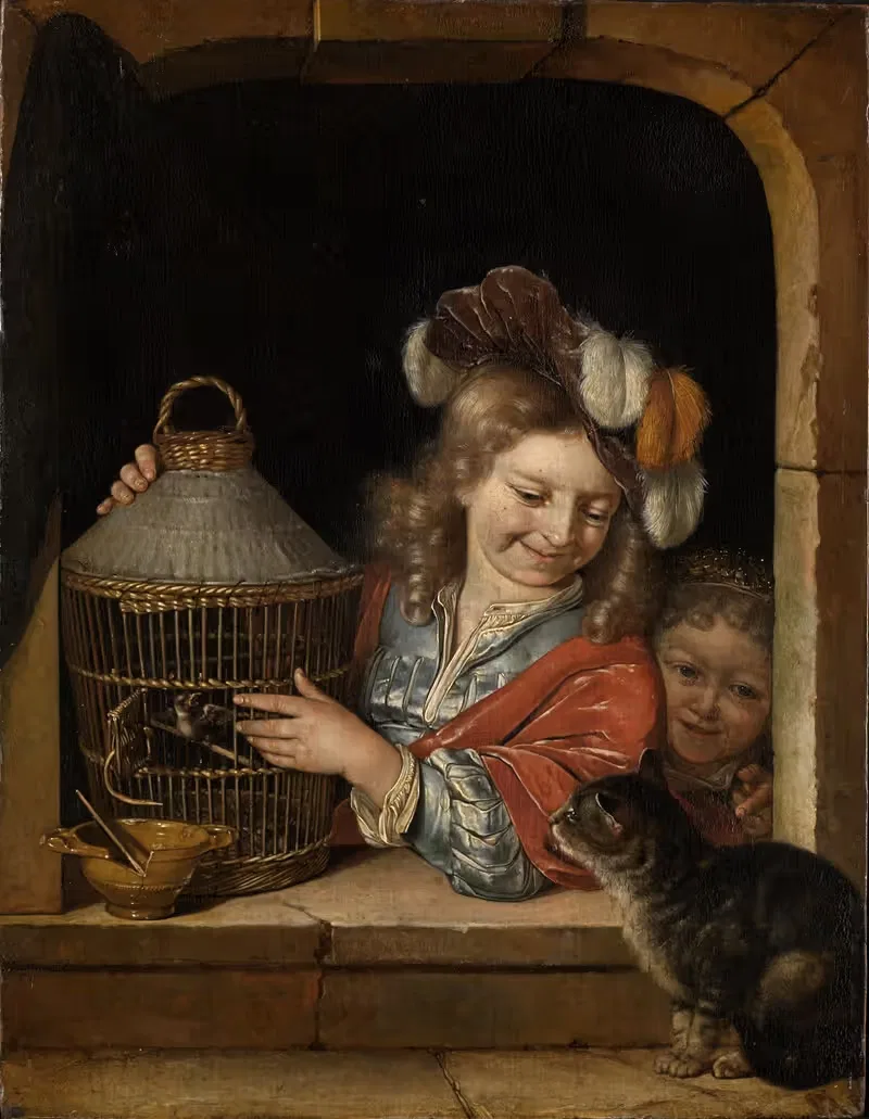Дети с клеткой для птиц и кошкой by Эглон ван дер Нер, 1675-1679 — digital art print download