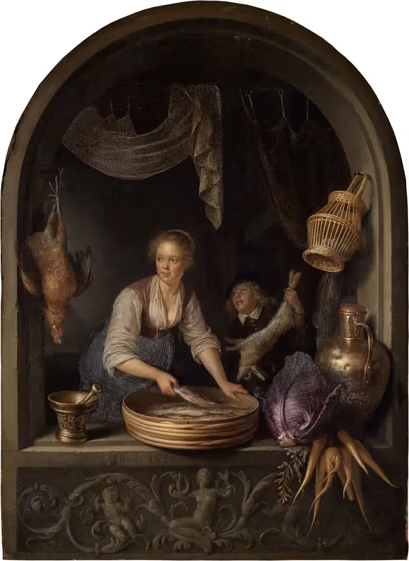 Kitchen maid at the window by Gerrit Dou, 1652 — digital art print download