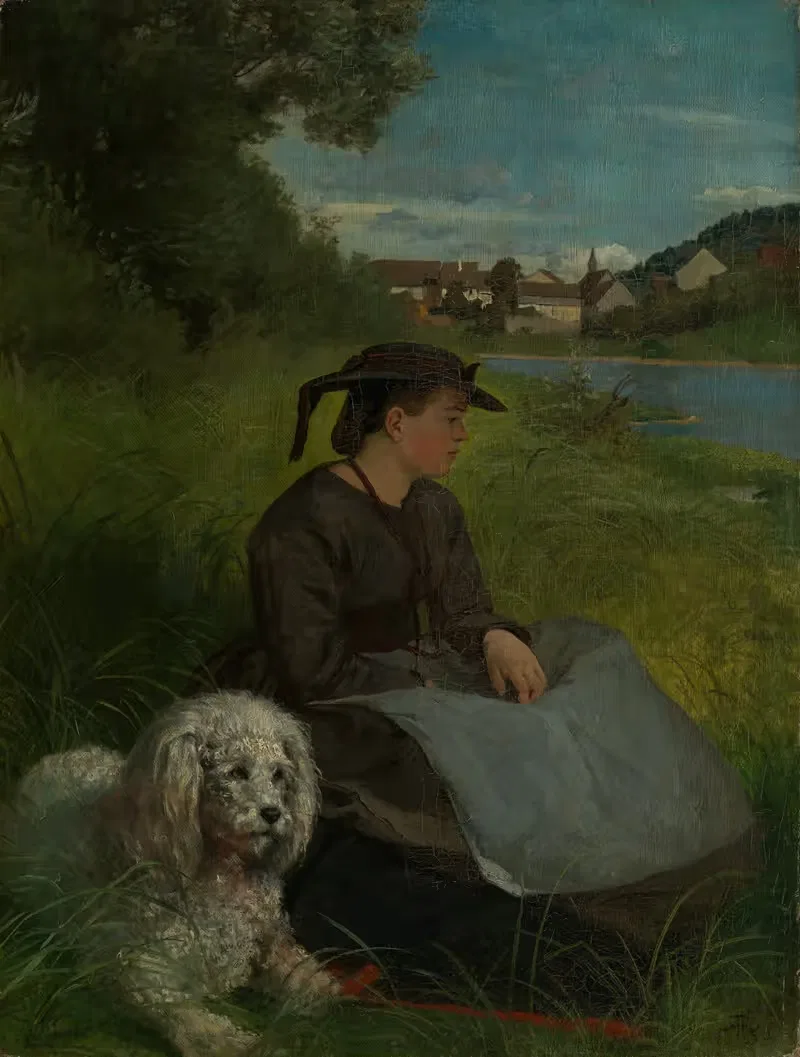 Agathe with white dog by Hans Thoma, 1869 — digital art print download