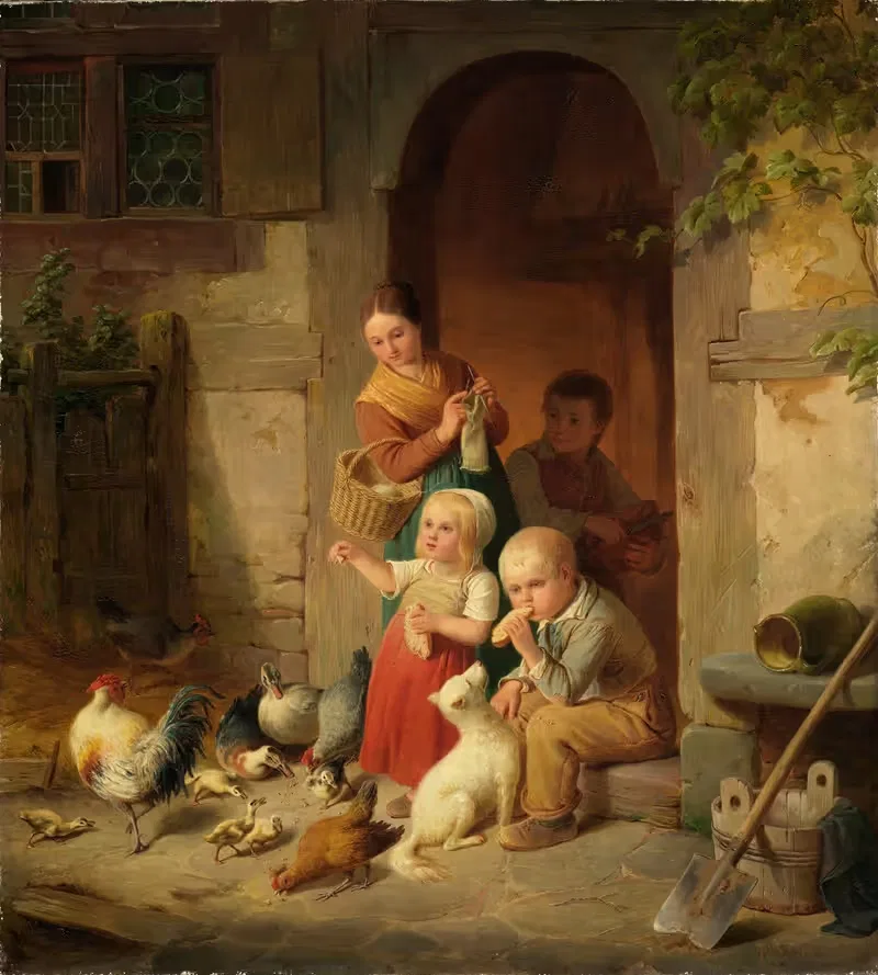 Дети-крестьяне кормят кур by Генрих фон Рустиге, 1850 — digital art print download