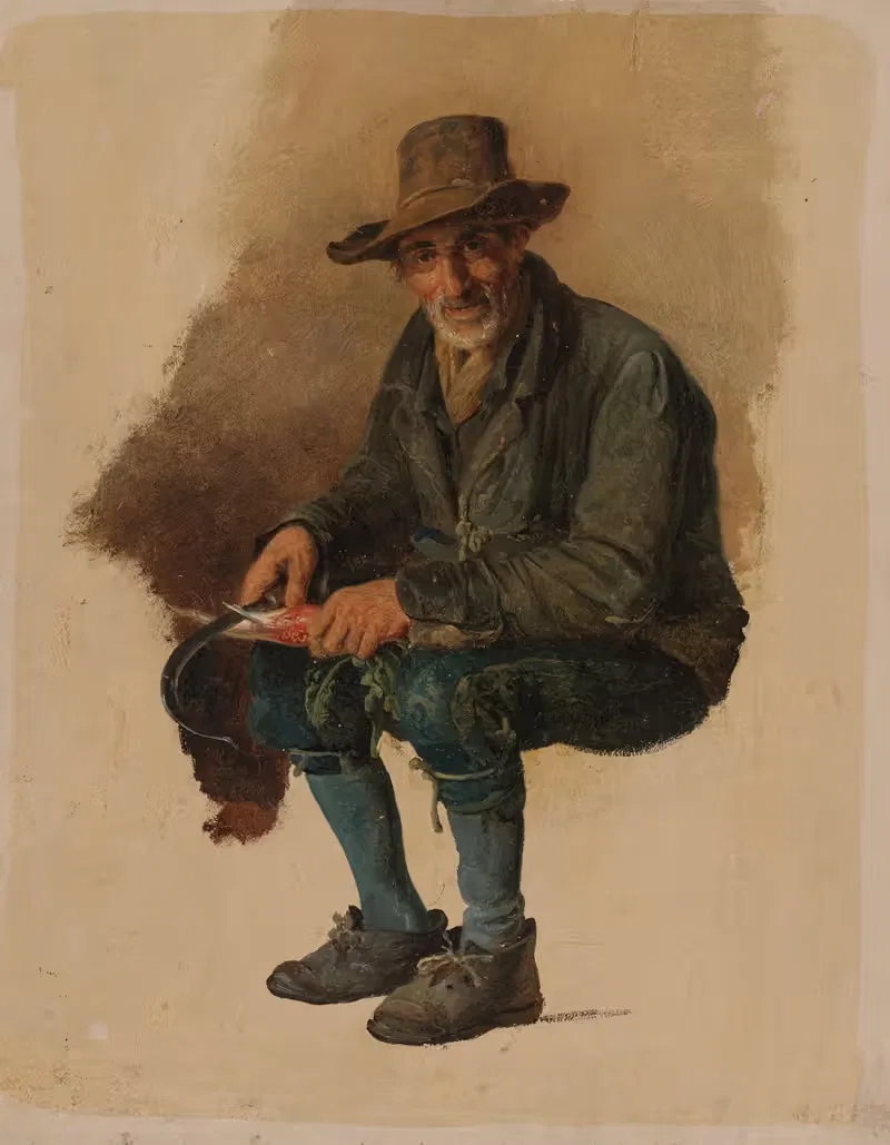 Alter italienischer Bauer, einen Rettich mit der Sichel schälend — Johann Baptist Kirner