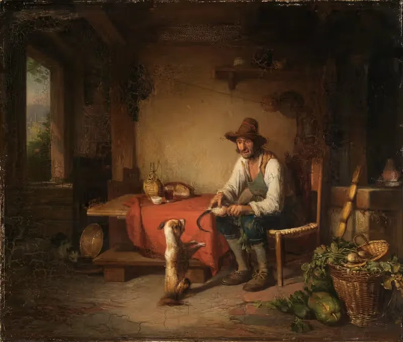 Italienischer Bauer mit Hund spielend — Johann Baptist Kirner