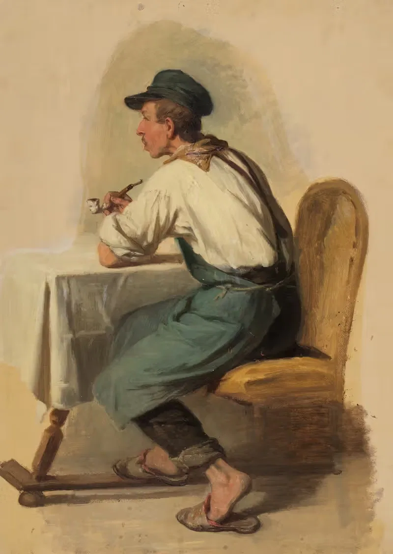 Молодой ремесленник, сидящий за столом с трубкой и кепкой by Иоганн Баптист Кирнер — digital art print download