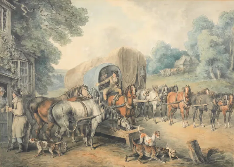 A stagecoach halting at a country inn — Samuel Howitt