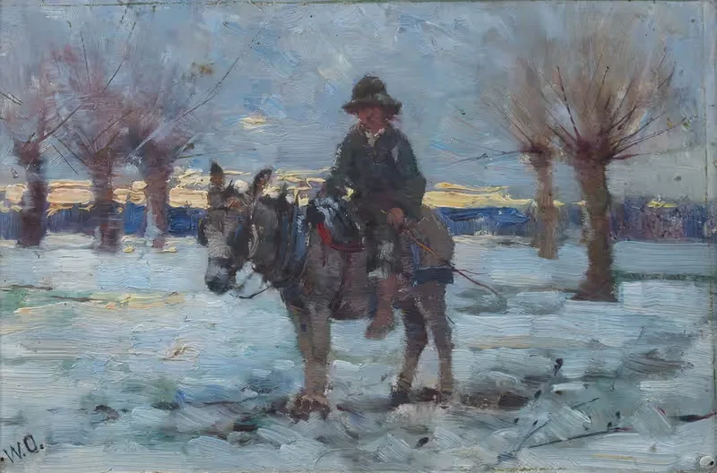 Boy on a donkey in a snowy landscape — Walter Frederick Osborne