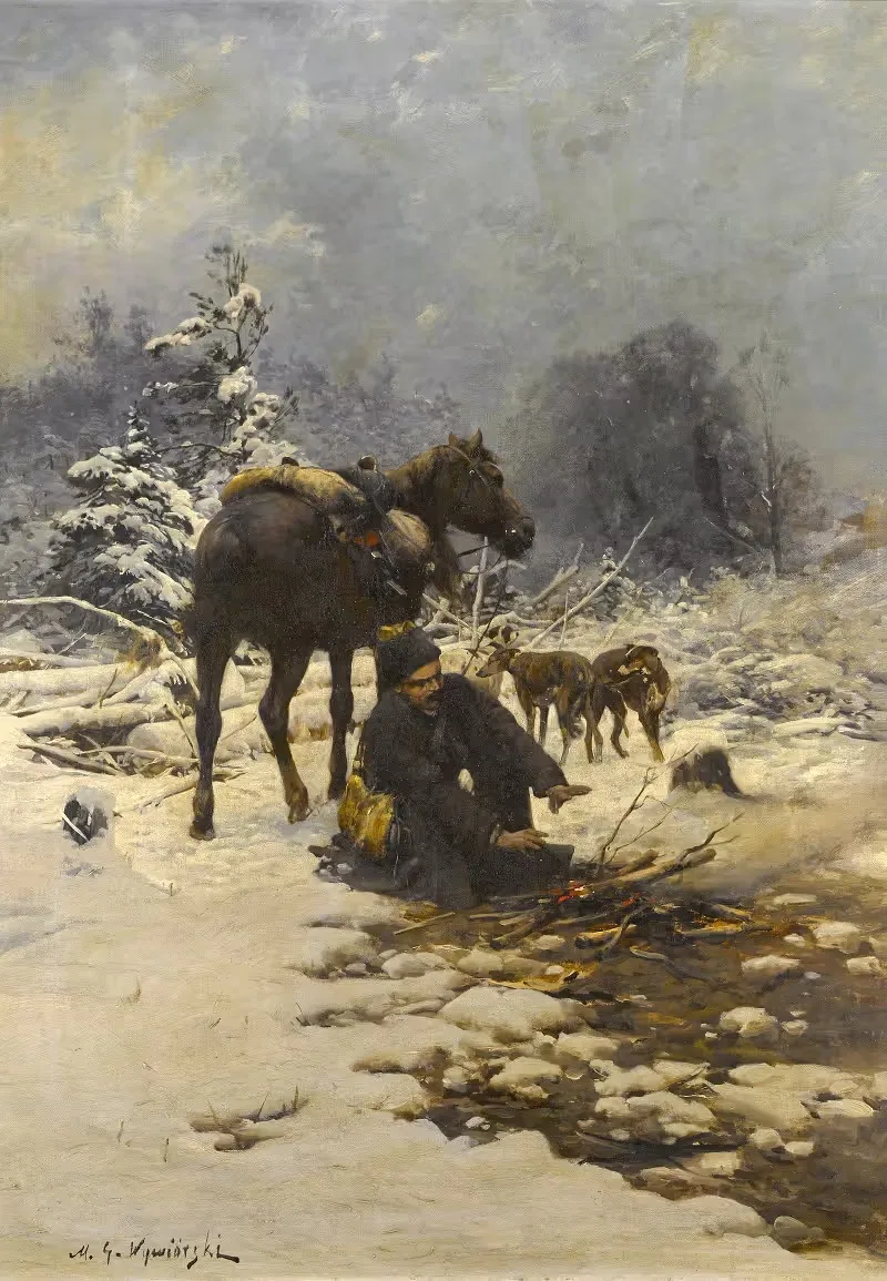 A hunter in the snow warming his hands by a fire — Michał Gorstkin-Wywiórski
