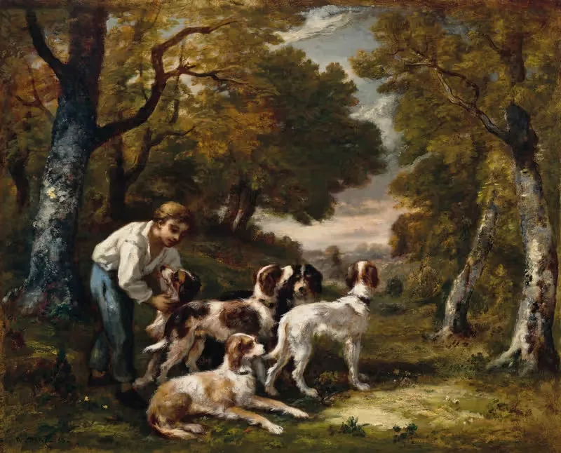 Мальчик и пять собак в лесу by Нарцисс-Виржиль Диаз де Ла Пенья, 1855 — digital art print download