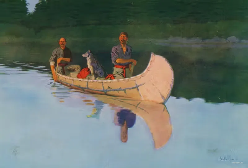 Two men and a dog in a canoe — Frederic Remington