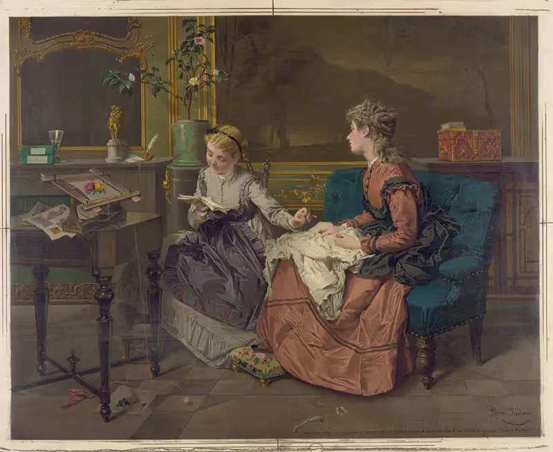 Две девушки, одна читает, другая шьет by Эдмунд Фёрстер и Ко, 1873 — digital art print download