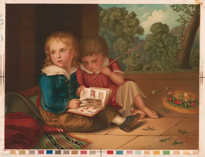 Two children with book and switch by John Gast — digital art print download