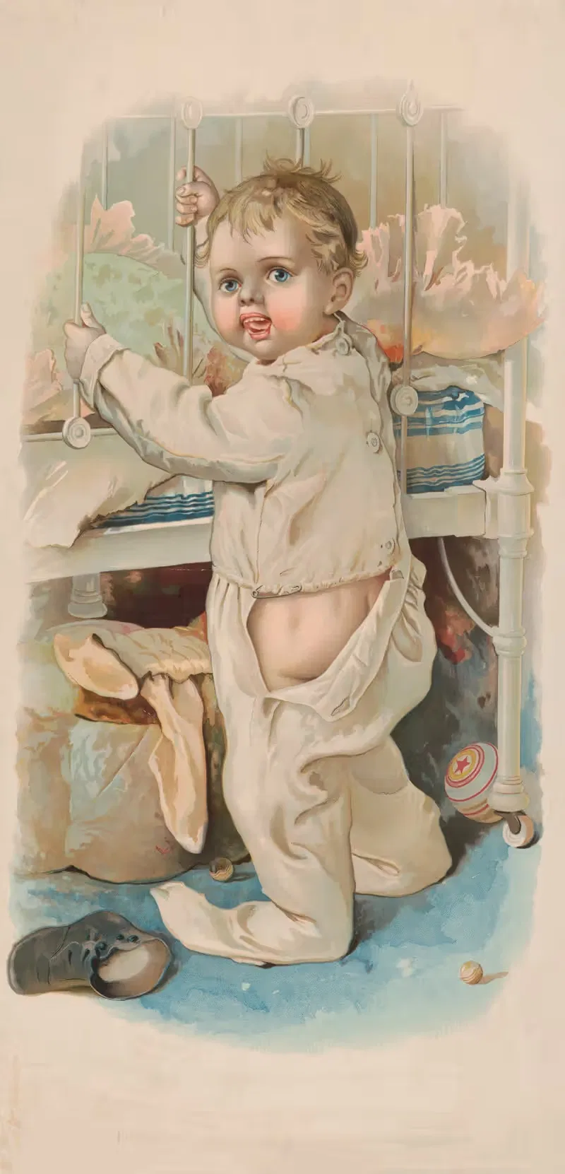Infant standing outside of crib — Julius Bien & Company