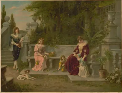 Женщина, мужчина и дети на скамейке в саду by Кунстенштальтен А.Г., 1914 — digital art print download