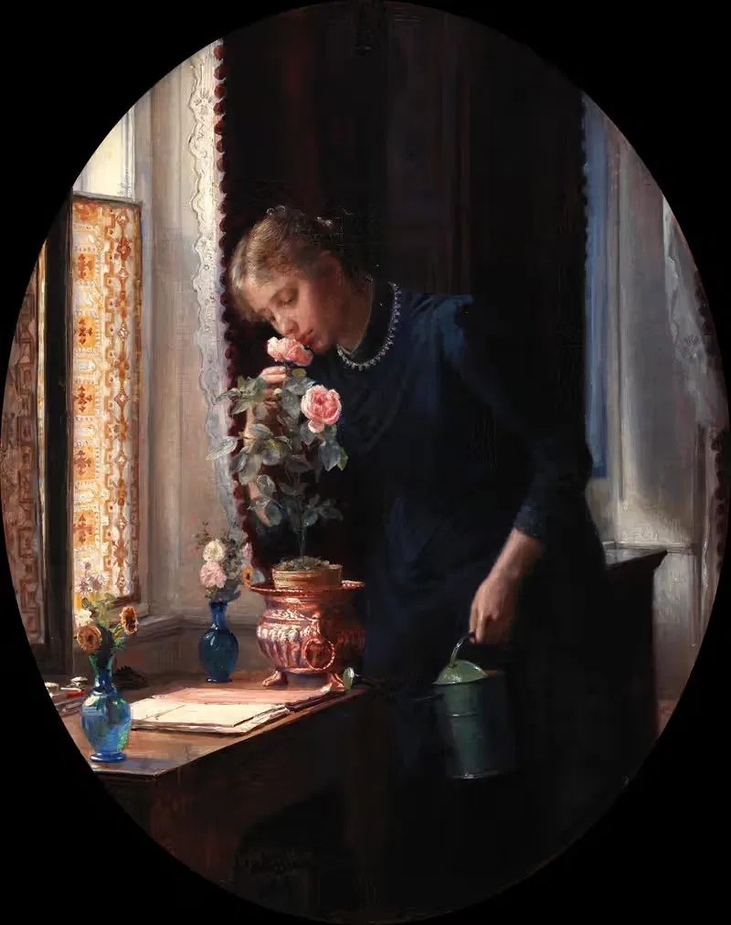 En ung pige, der lugter til en rose — Carl Bloch