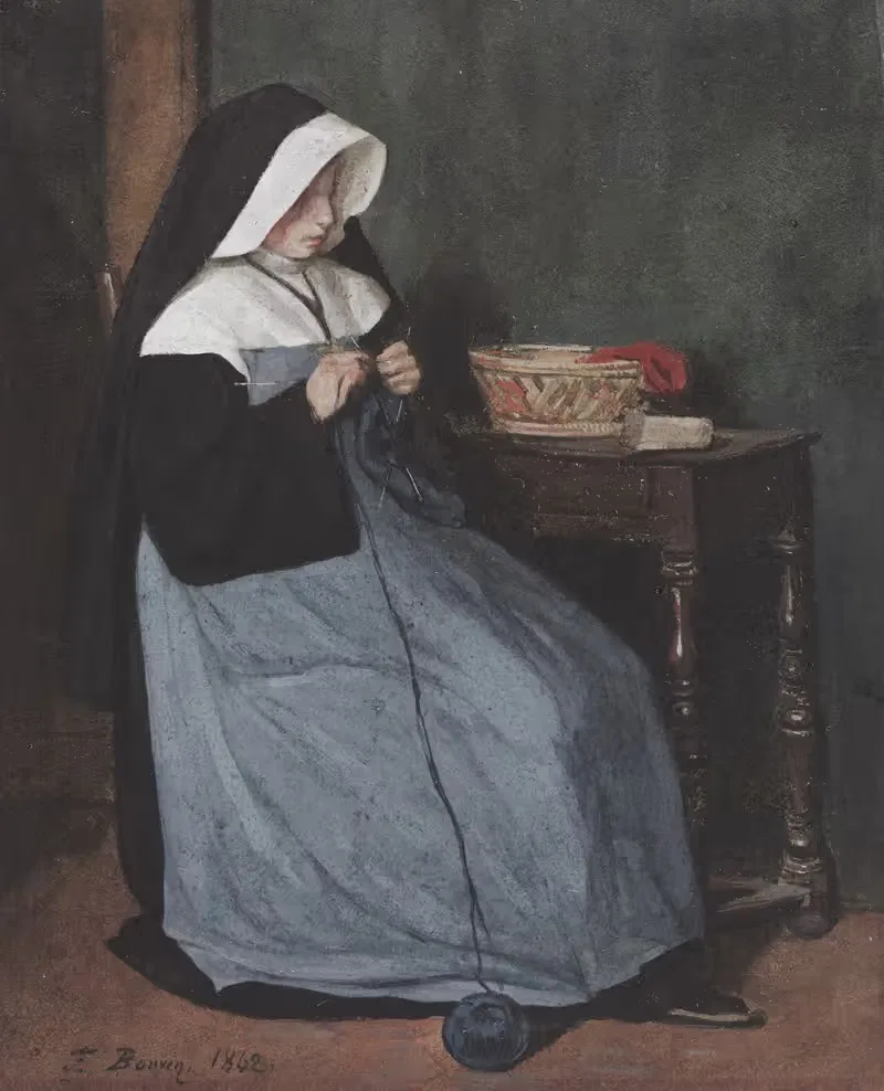 Монахиня, сидящая за столом и вяжущая by Франсуа Бонвен, 1862 — digital art print download