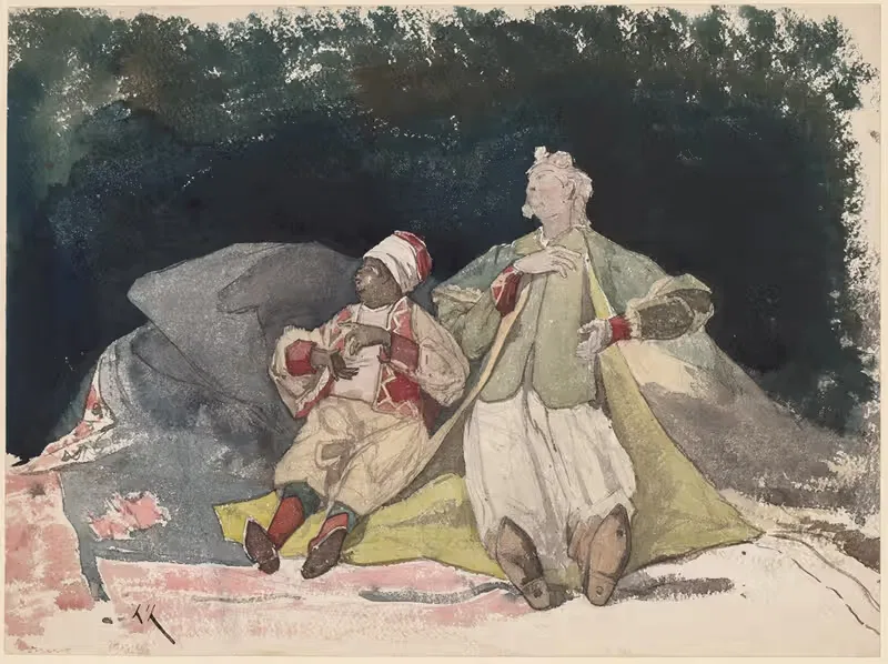 Two Dolls or Puppets Sitting on Cushions — Henri-Joseph Harpignies