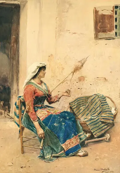 Итальянская женщина, работающая с льном, в традиционном костюме by Мария Мартинетти, 1894 — digital art print download