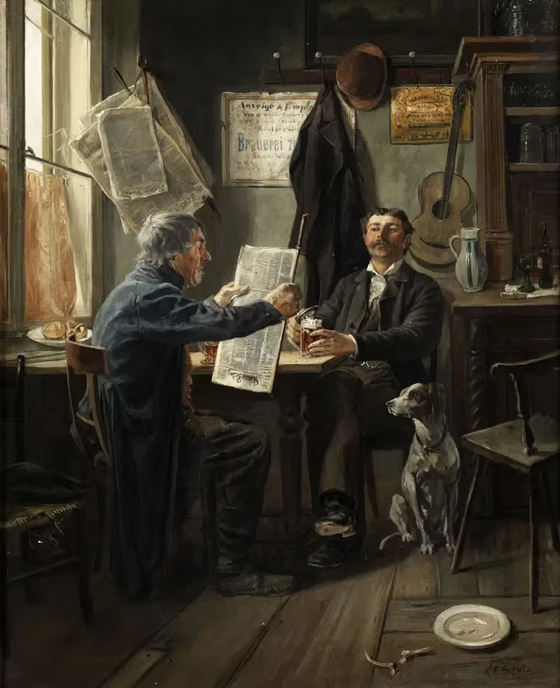 Чтение газеты за столом с пивом by Карл Фридрих Шульц, 1851 — digital art print download