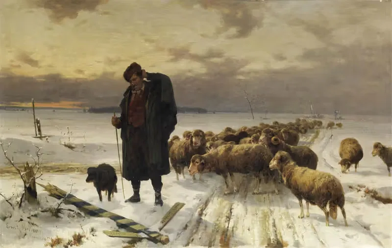 Пастух с отарой на зимнем пейзаже by Эрнст Адольф Мейснер — digital art print download