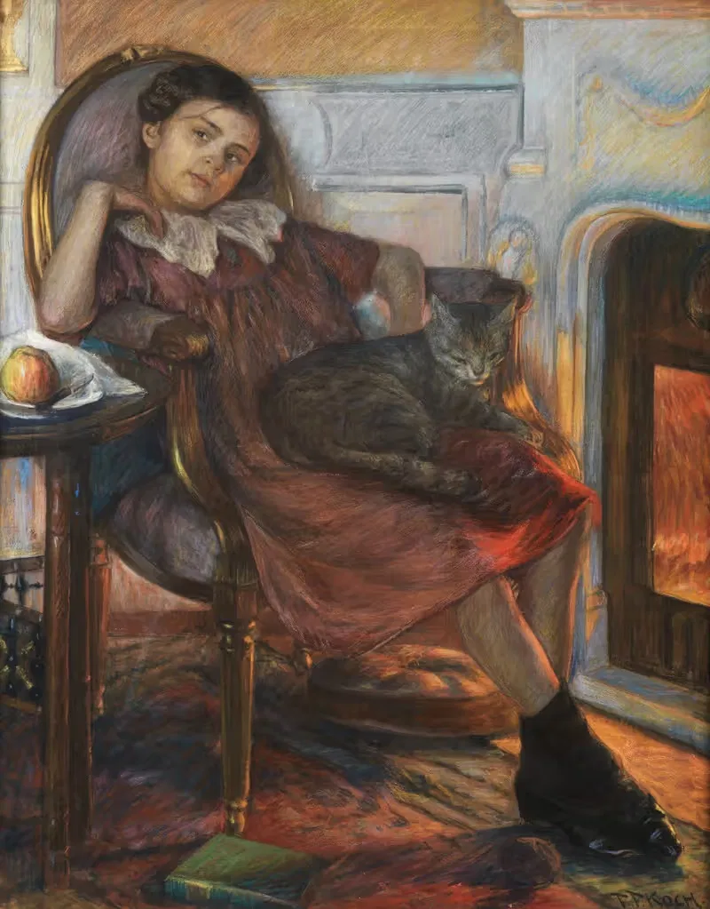 Девочка с кошкой у камина by Фридрих Фердинанд Кох — digital art print download