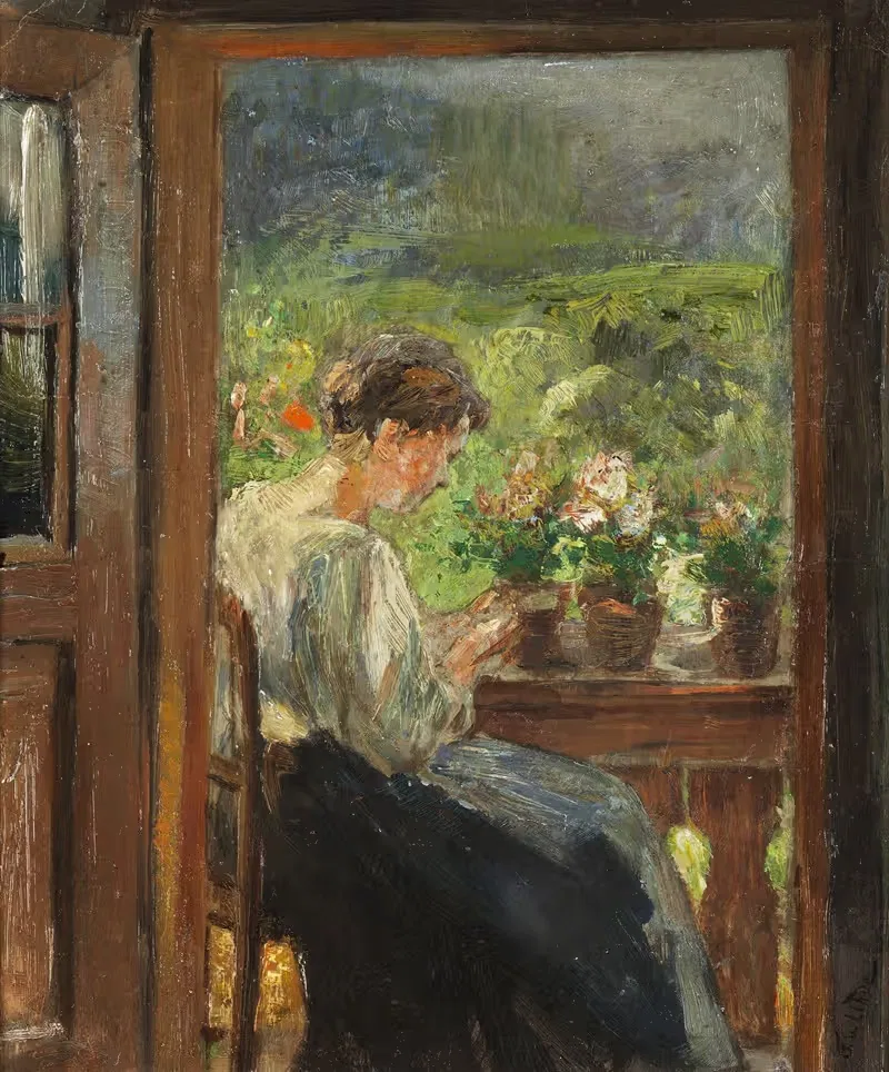 Reading woman on the balcony — Fritz von Uhde
