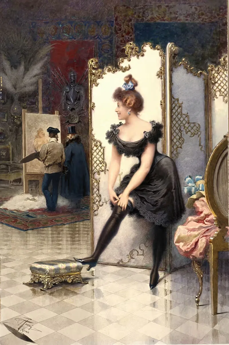 A Model Fastening Her Garter in an Artist's Studio — Giuseppe Aureli