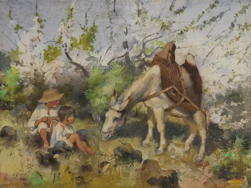 Summer landscape with children and donkey — Julan Alden Weir