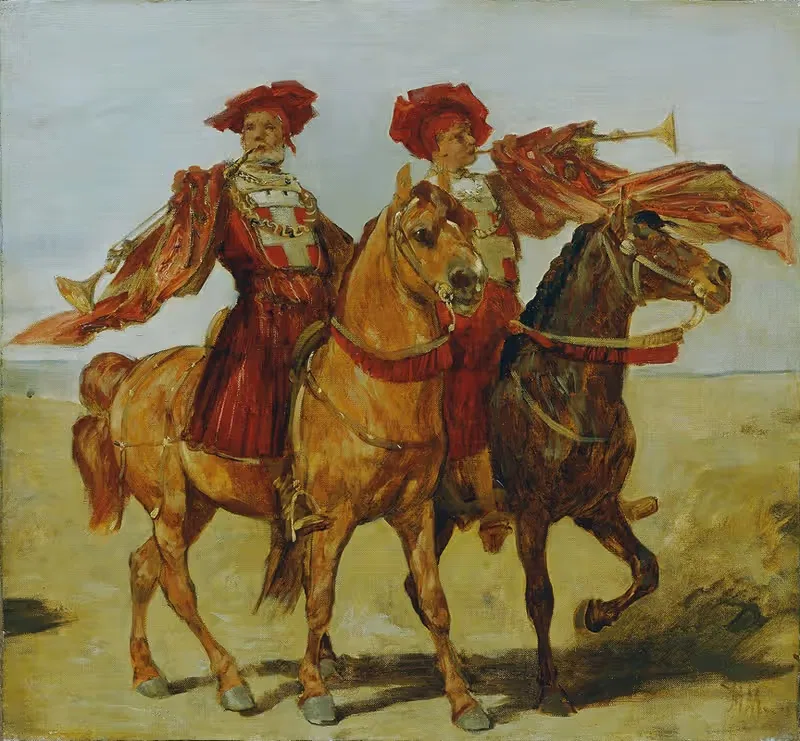 Два всадника, играющих на фанфарах by Ганс Макарат, 1879 — digital art print download