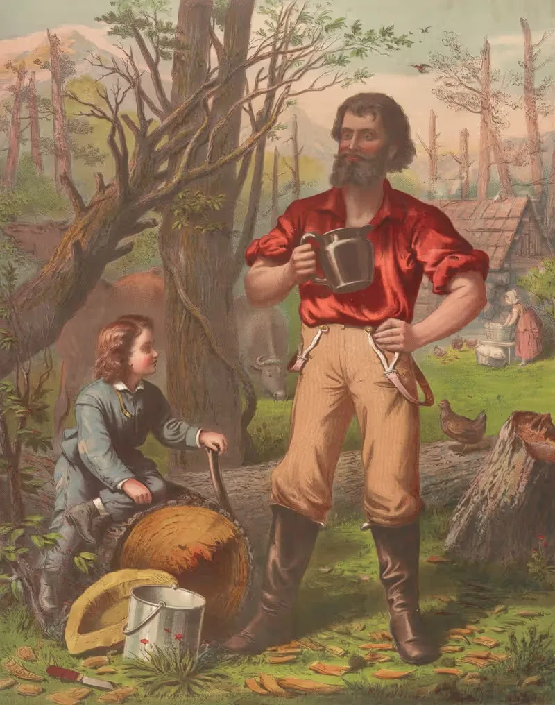Man holding mug standing by chopped down tree, young boy sitting on tree trunk — Armstrong & Co. Lith.