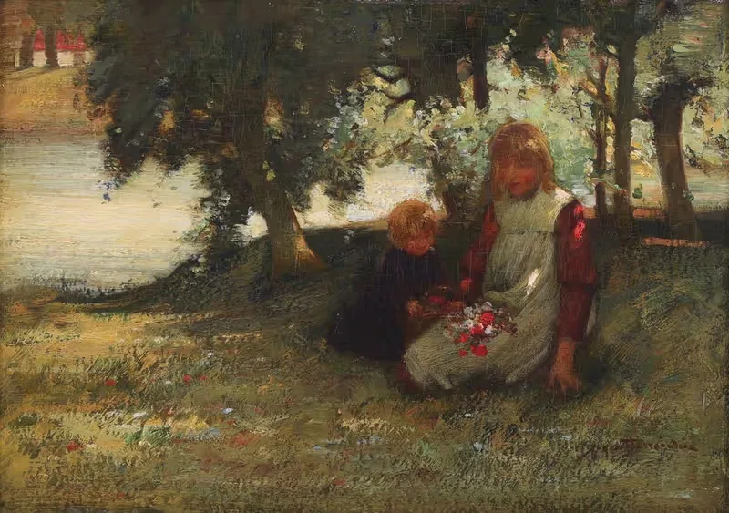 Дети, собирающие цветы у реки by Джеймс Кутс Мичи — digital art print download