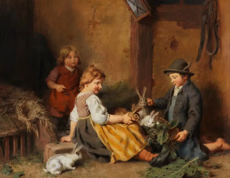 Дети с кроликами в хлеву by Феликс Шлезингер, 1870 — digital art print download