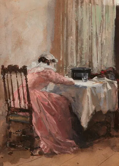 Молодая женщина, пишущая за столом by Карл фон Марр — digital art print download