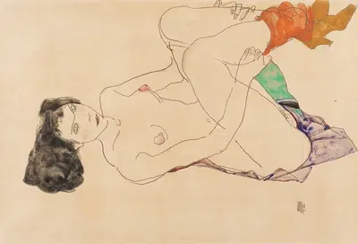 Liegender weiblicher Akt mit angezogenen Beinen by Egon Schiele, 1913 — digital art print download