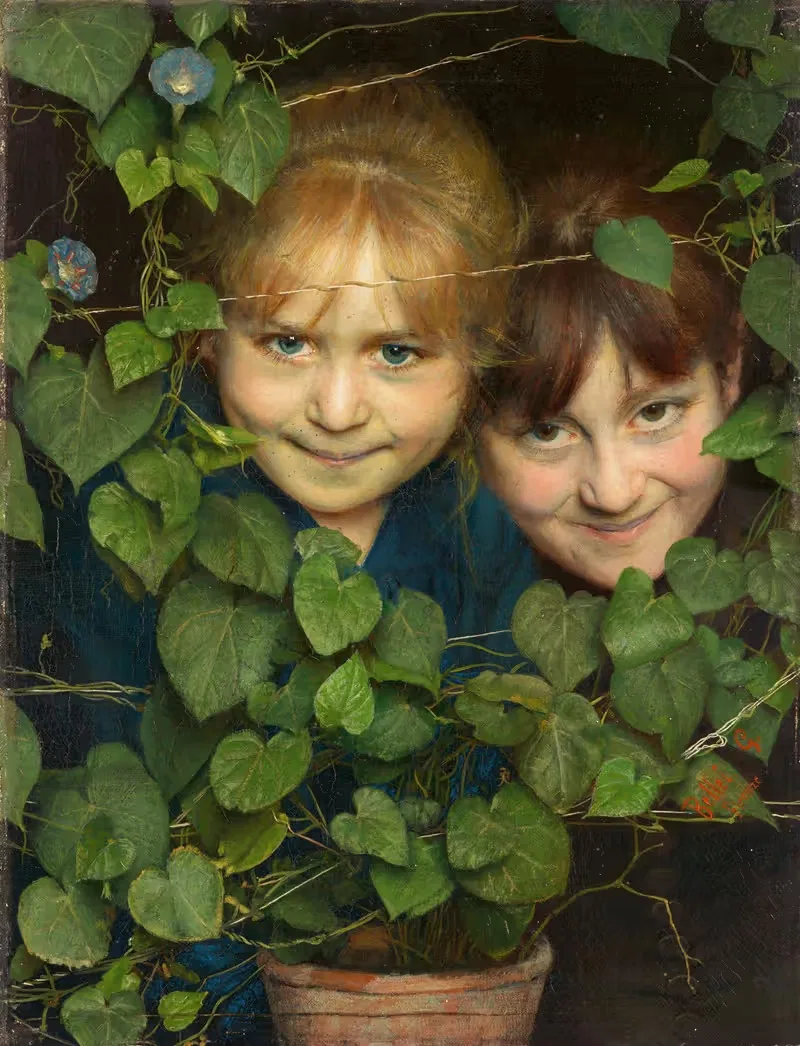 Hidden! Two girls behind flower vines — Gaetano Bellei